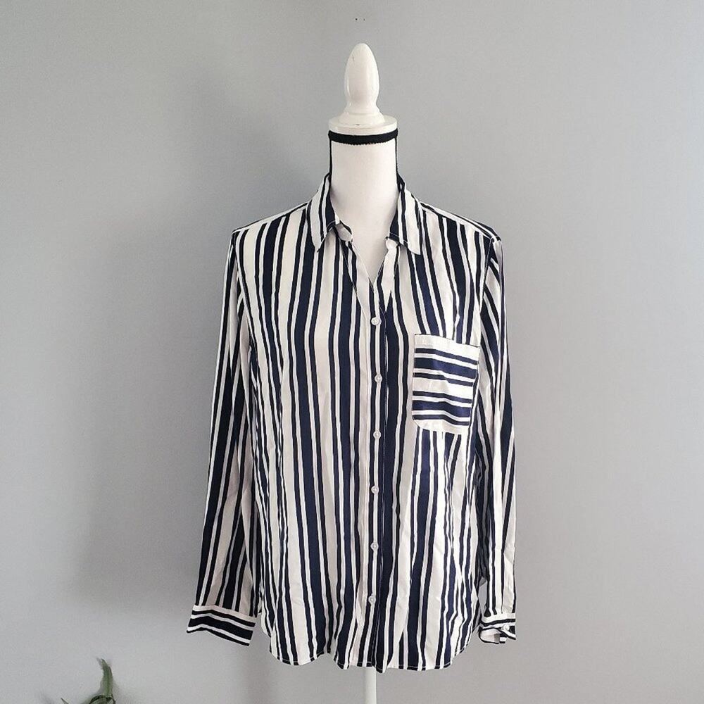 George Relaxed Fit Black & White Striped Button Down Top L